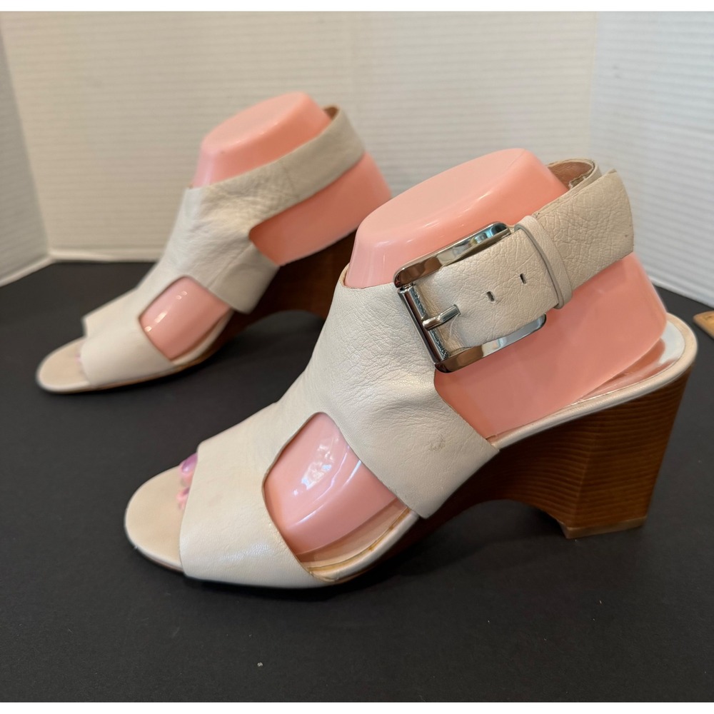Michael Kors Gillian Cream Nappa Leather Stacked Heel Buckle Wedge Sandals 8